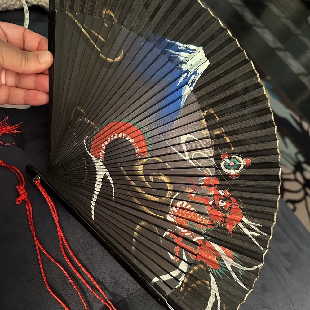 Black Hand Fan with Red Dragon Design